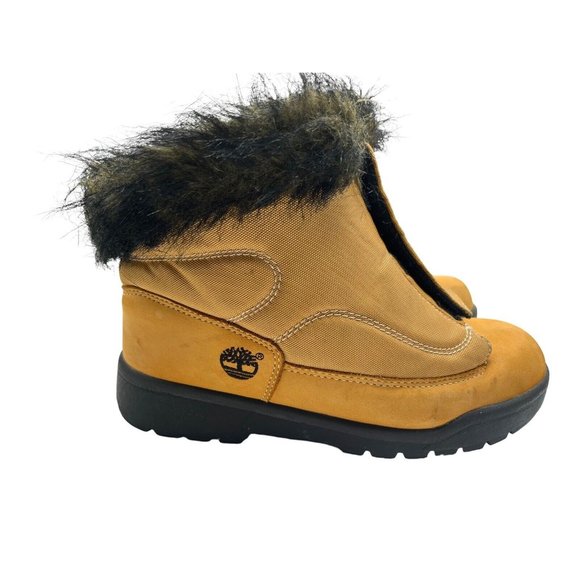 Timberland Tan Leather Faux Fur Cuff Ankle Winter Snow Boots Youth Size 4 - Picture 3 of 16